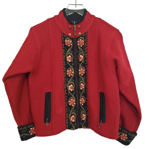 Icelandic Design Wool Jacket Embroidered Floral Red Full Zip Womens Size Small - Picture 1 of 13